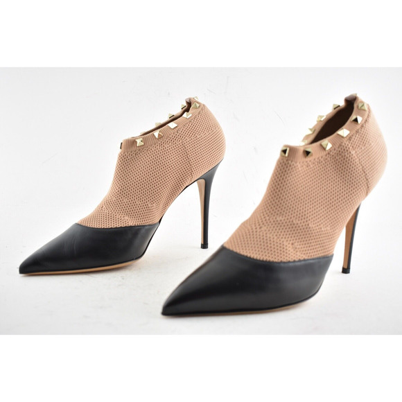 Valentino Rockstud Black Leather Nude Sock Stud Heel Short Ankle Boot Bootie 41 - Picture 10 of 12